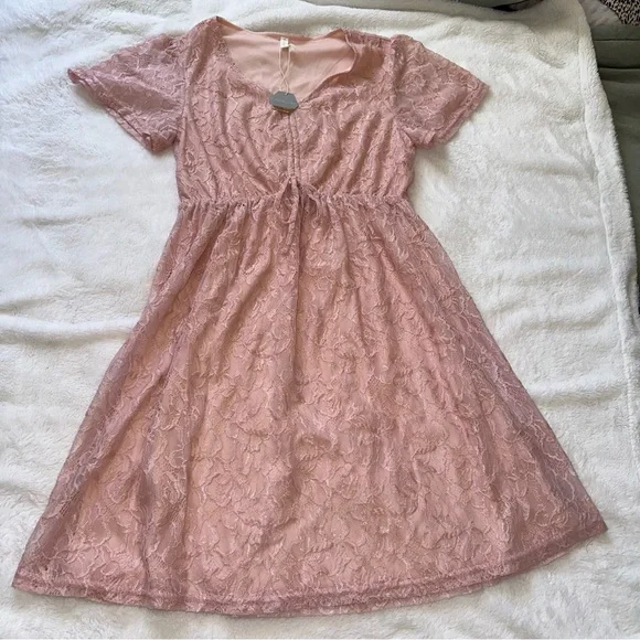 PinkBlush Maternity Lace Short Sleeve Dress Women's Medium NWT Tie Waist Girly - Picture 1 of 10